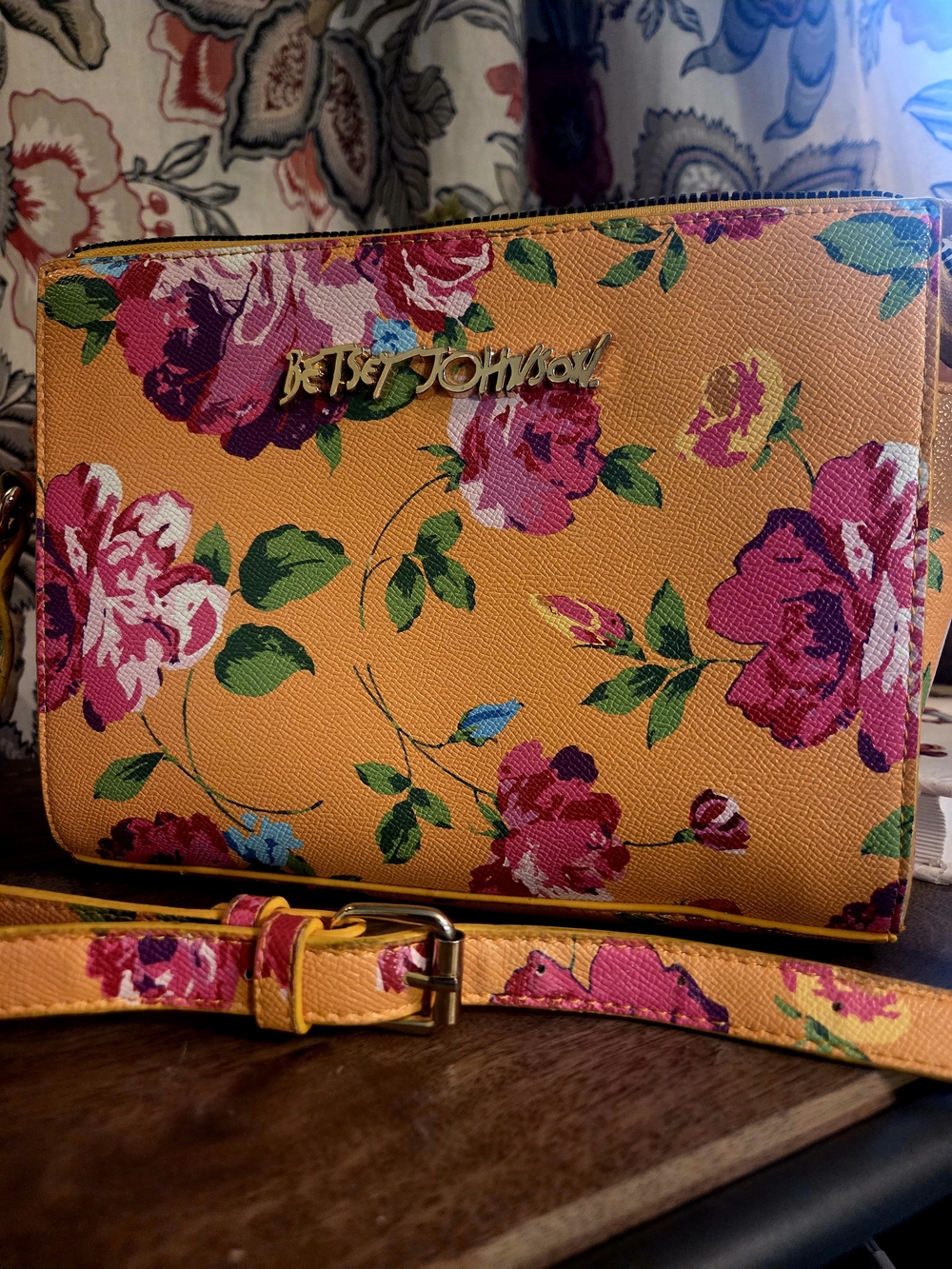 Betsey Johnson Yellow Floral Crossbody Bag with Pink Rose Print